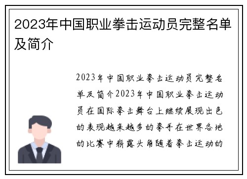 2023年中国职业拳击运动员完整名单及简介